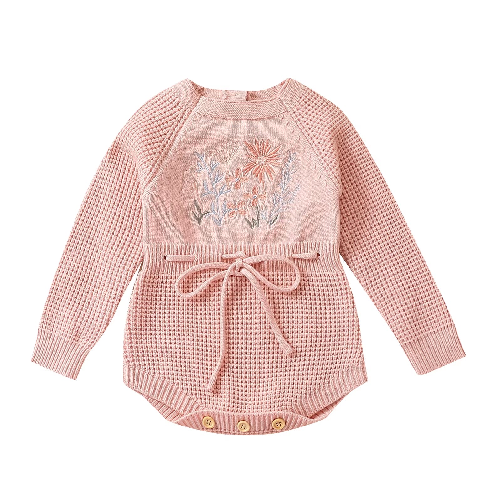 Infant Baby Girl Knit Jumpsuit Flower Embroidery Long Sleeve Drawstring Waist Romper for Autumn 0-24M
