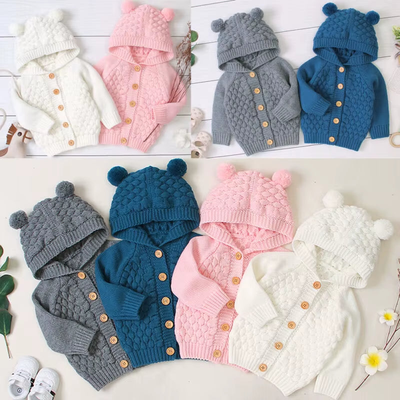 Fall Autumn Winter Cute 3D Ear Toddler Boys Girls Kids Baby Sweater Hooded Knit Warm Coat Blends Outerwear
