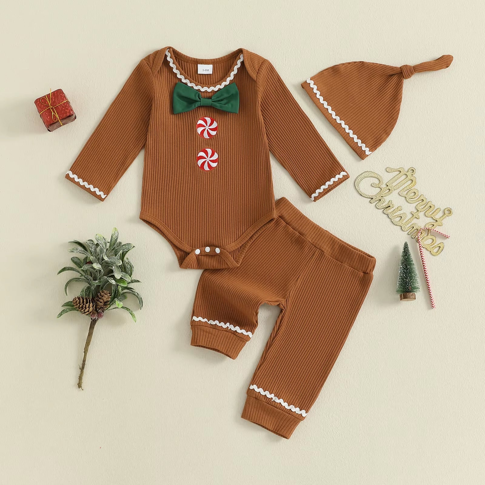 Toddler Baby 3 Piece Bodysuits Clothes Suit Fashion Infant Long Sleeve Gingerbread Man Bow Jumpsuit Hat Elastic Waist Pants Set