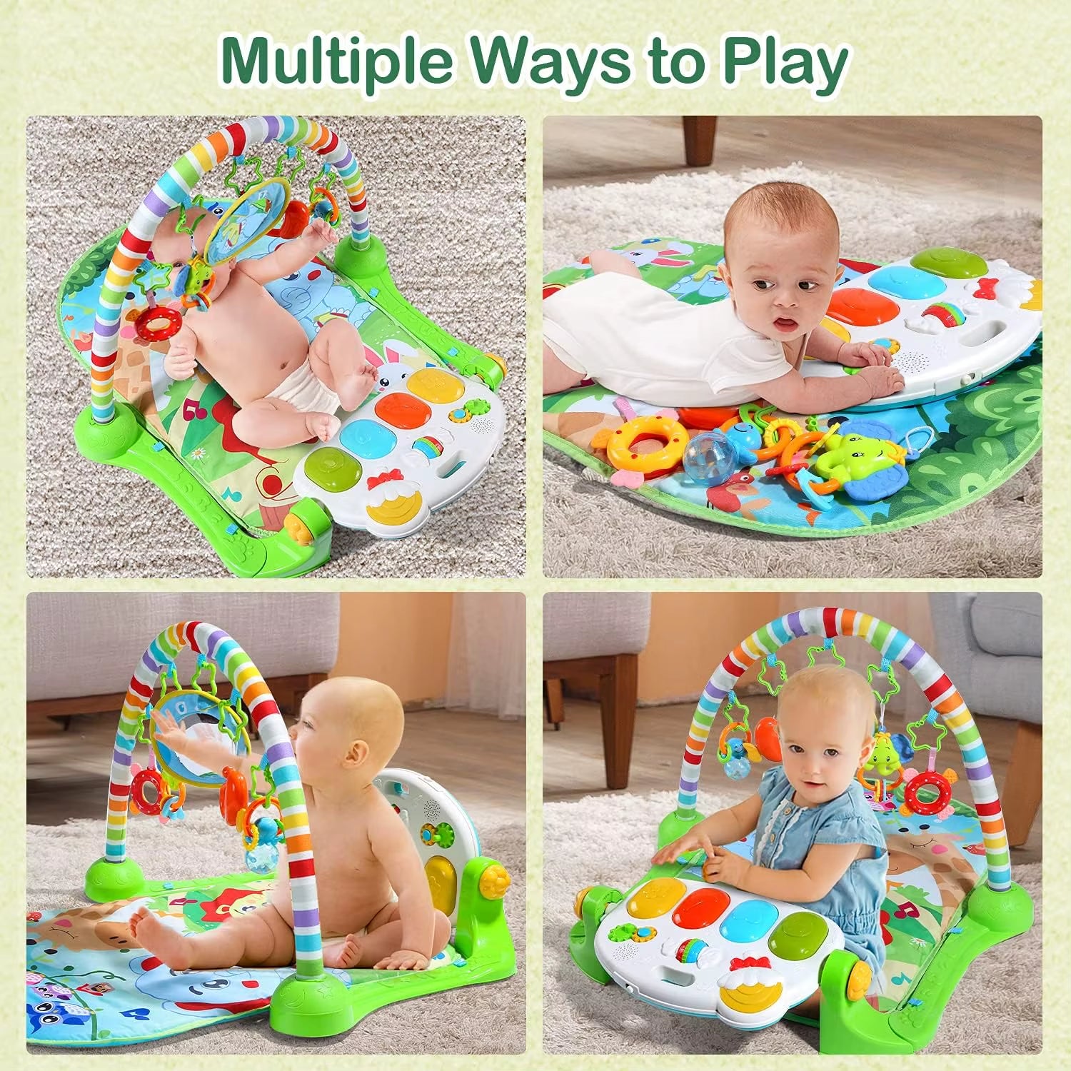 Adjustable Baby Gym Mat with Musical Piano & Detachable Toys for Infant Development