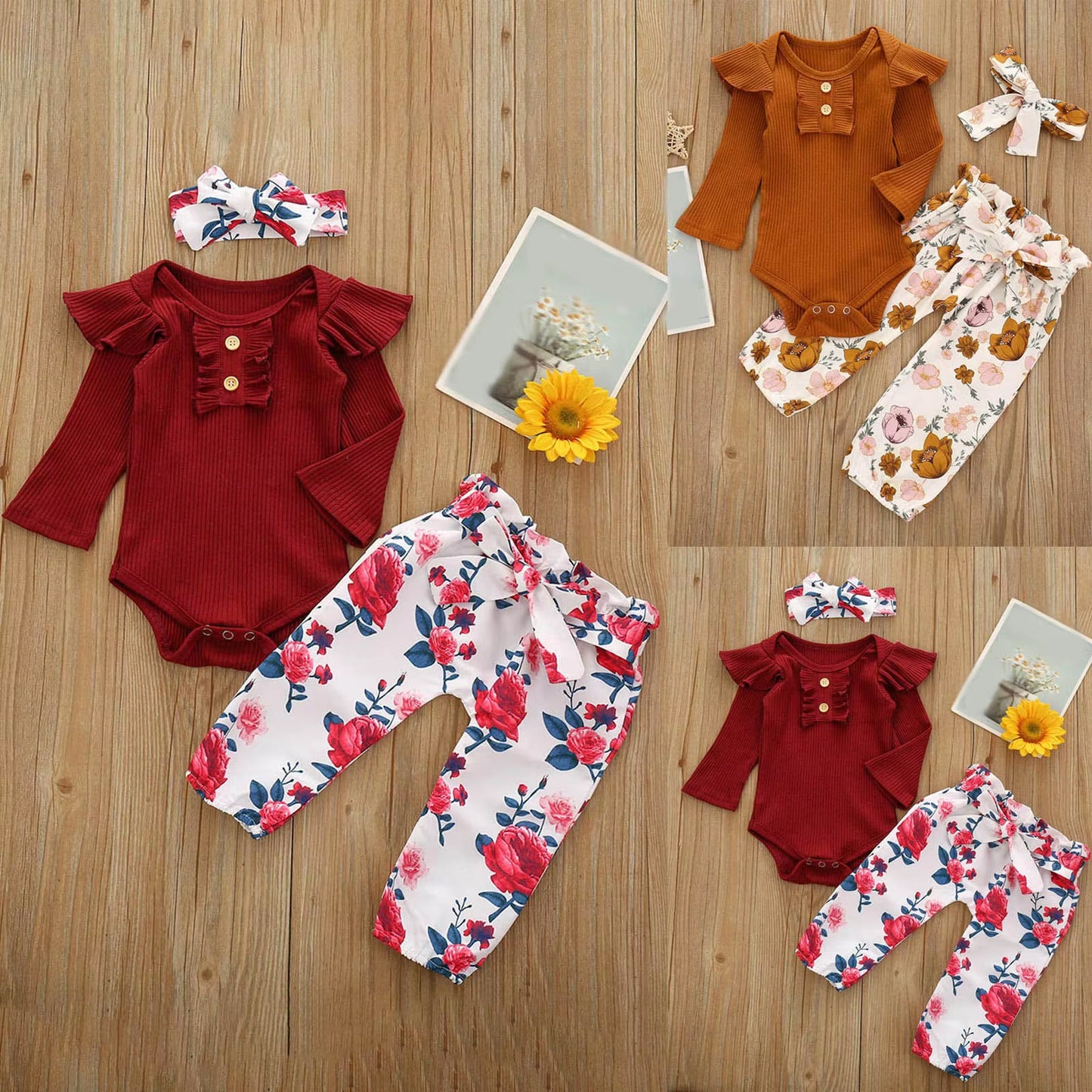 Baby Wrap for Girls Newborn Infant Baby Girls Solid Ruffle Ribbed Romper+ Floral Pants Outfits Set New Born Outfits