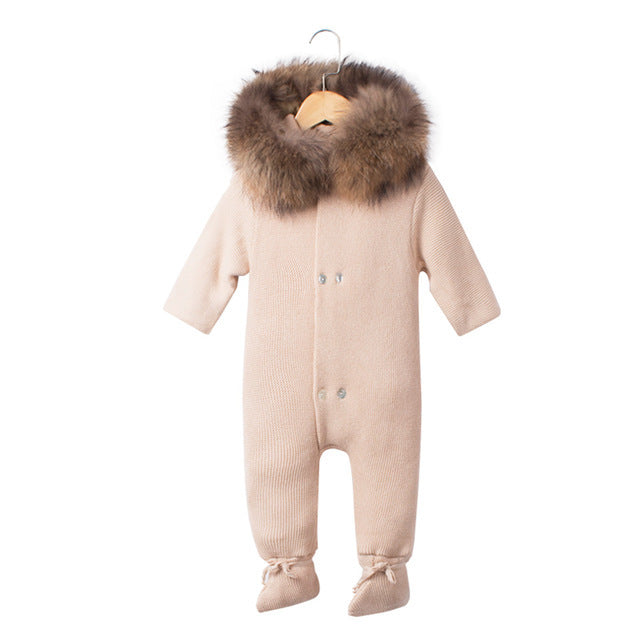 Baby Knitted Racoon Fur Collar Jumpsuits