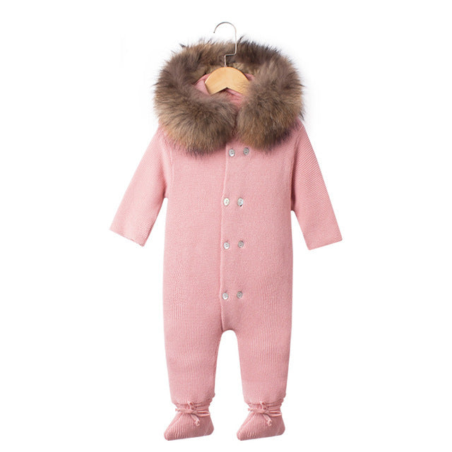 Baby Knitted Racoon Fur Collar Jumpsuits