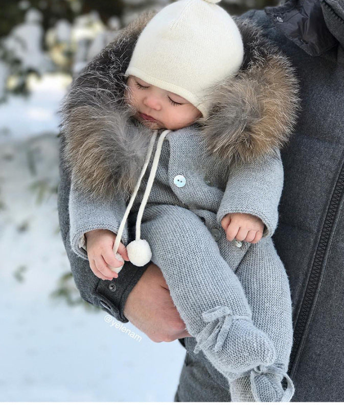 Baby Knitted Racoon Fur Collar Jumpsuits