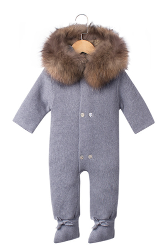 Baby Knitted Racoon Fur Collar Jumpsuits